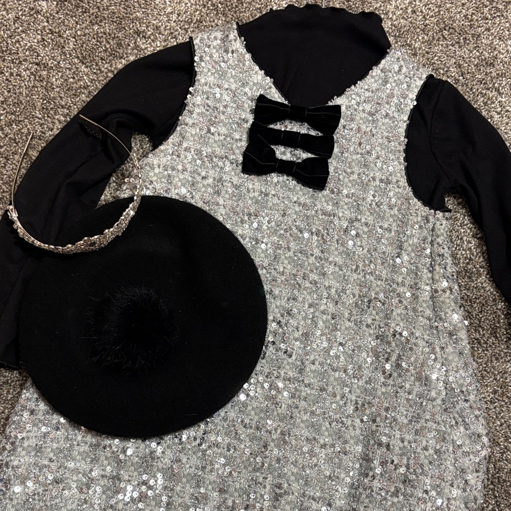 Girls Silver Sequin Formal Dress with Black Velvet Bow